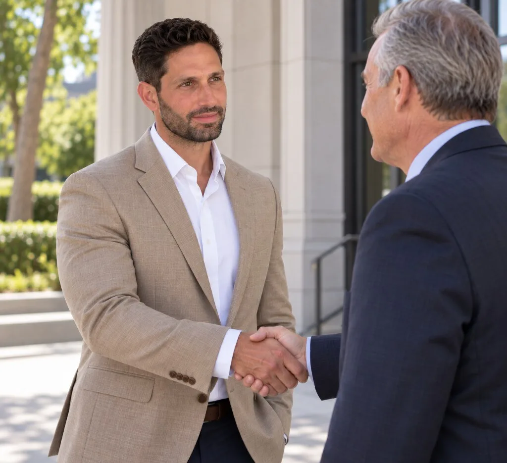 Logan Steele Mussman shaking hands with a client outside a Phoenix courthouse