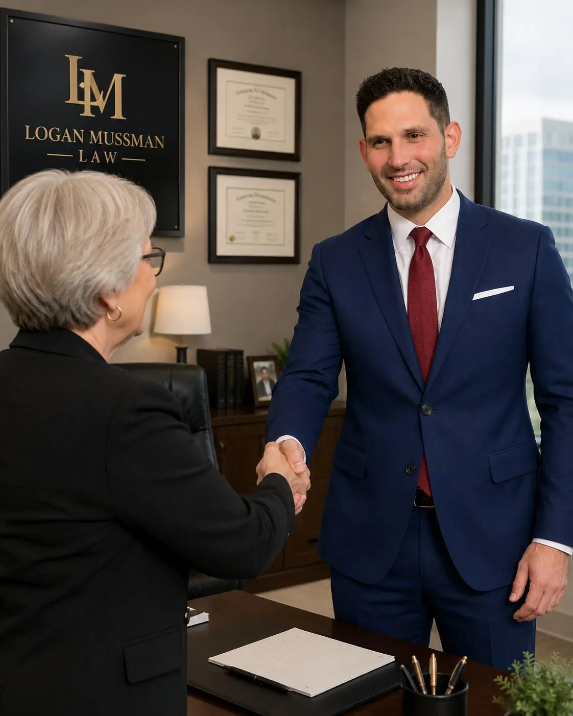 Logan Steele Mussman shaking hands with a client at Logan Mussman Law
